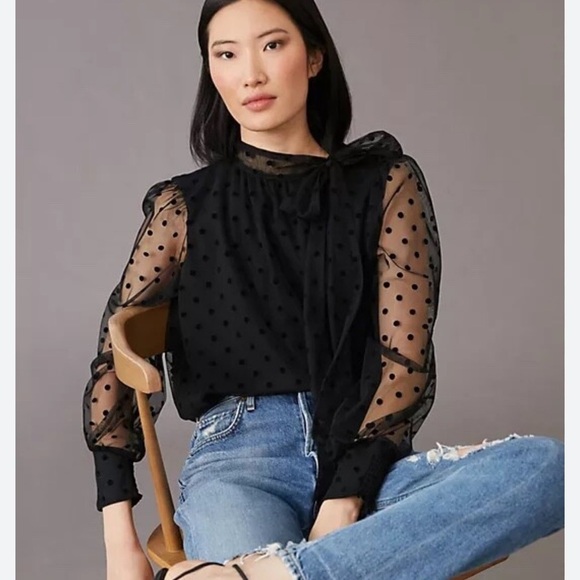 Anthropologie Maeve | Tulle Neck Tie Blouse | Small | Black | NWT - Picture 12 of 14